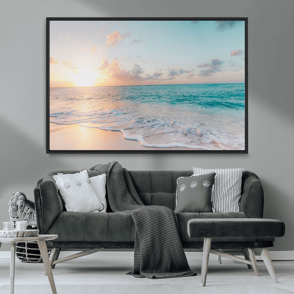 Tranquil Ocean Beach Sunset Canvas Wall Art | 3-Panel Coastal Decor