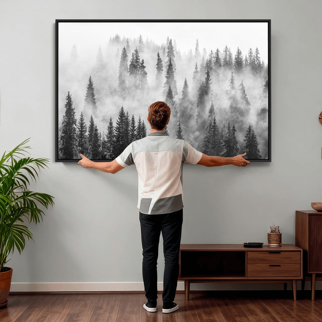 Forest Wall Art Print | Foggy Pine Forest Canvas Wall Art, Black and White Nature Decor