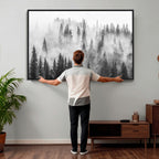 Forest Wall Art Print | Foggy Pine Forest Canvas Wall Art, Black and White Nature Decor
