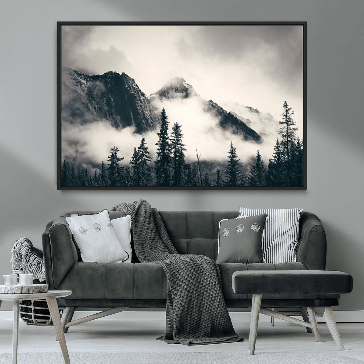Forest Mountain Print | Black and White Canvas Wall Art with Misty Forest Design