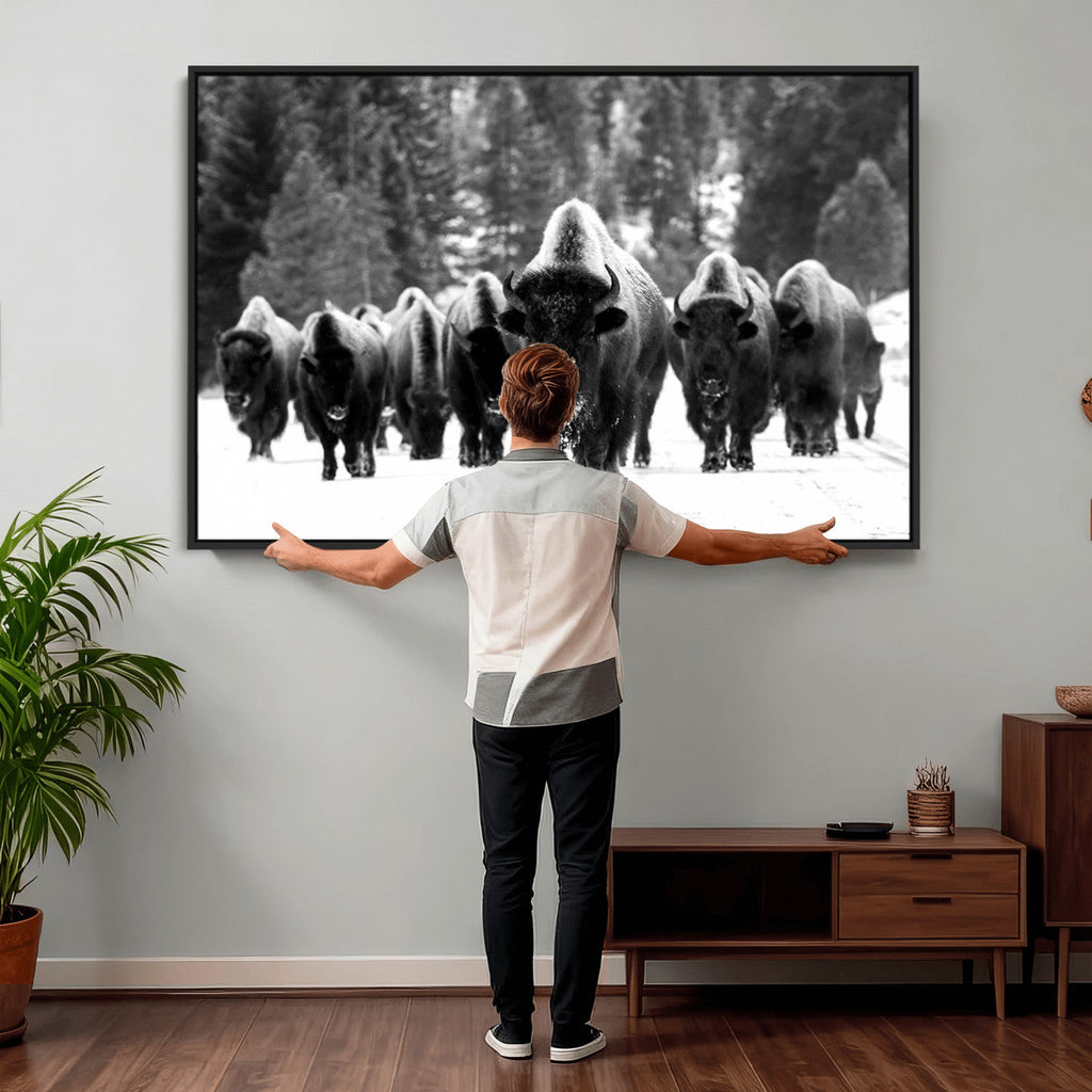 Bison Herd in Snow Wall Art Canvas Print | Rustic Western Bison Wall Art for Living Room and Farmhouse Decor