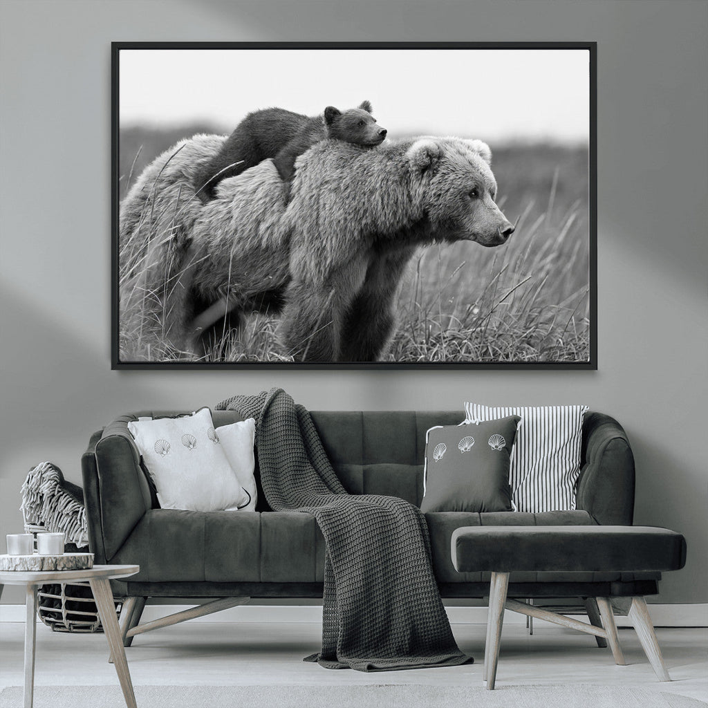 Bear and Cub Wall Art Canvas | Grizzly 399 Bear and Cub Black and White Wildlife Print