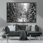 Winter Ski Lift Black and White Canvas Wall Art | Alpine Escape in Minimalist Style