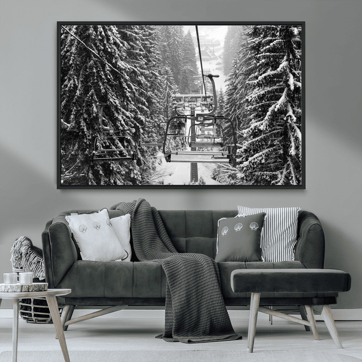 Winter Ski Lift Black and White Canvas Wall Art | Alpine Escape in Minimalist Style