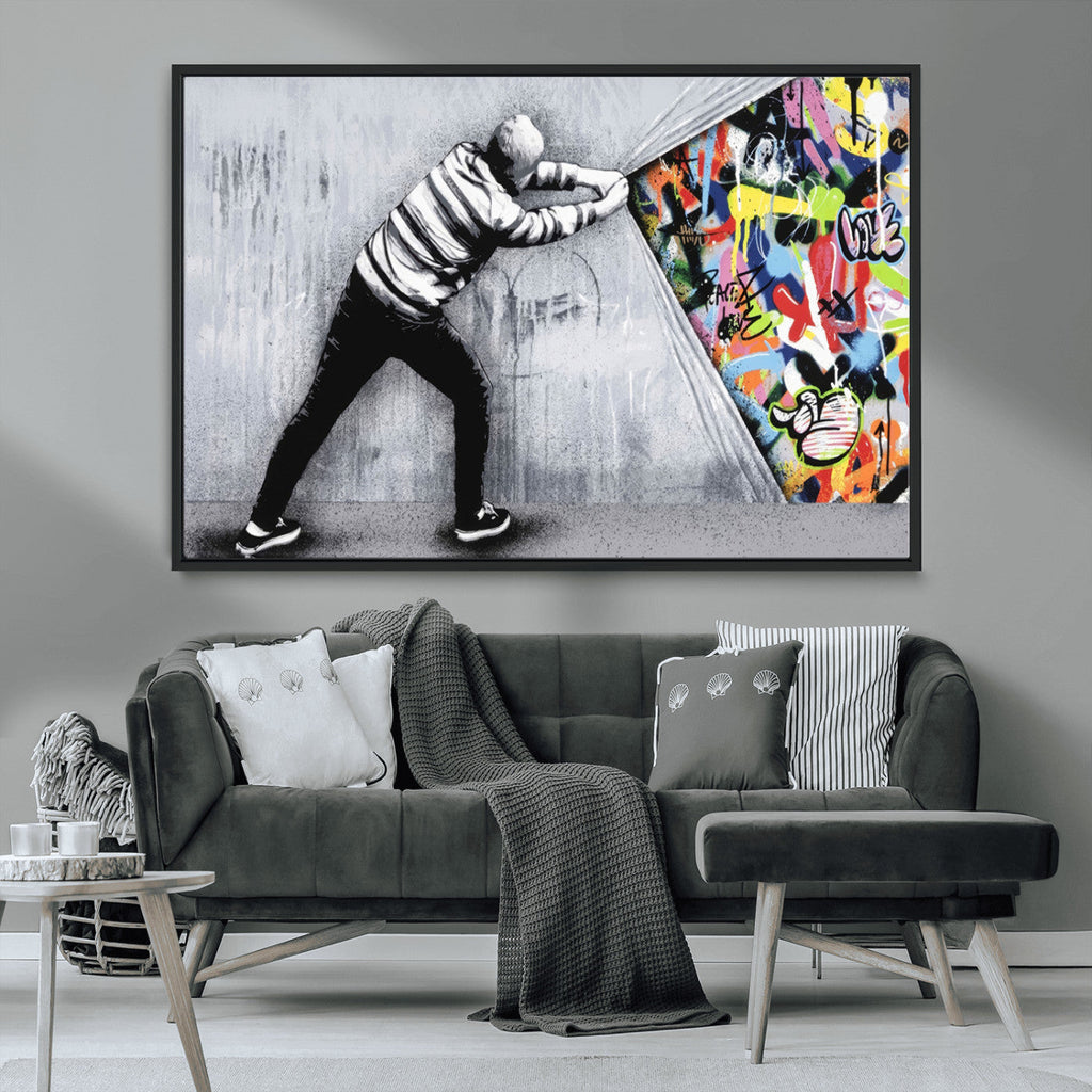 Banksy Art Behind the Curtain Street Wall Art Canvas Print | Urban Graffiti Style Wall Decor
