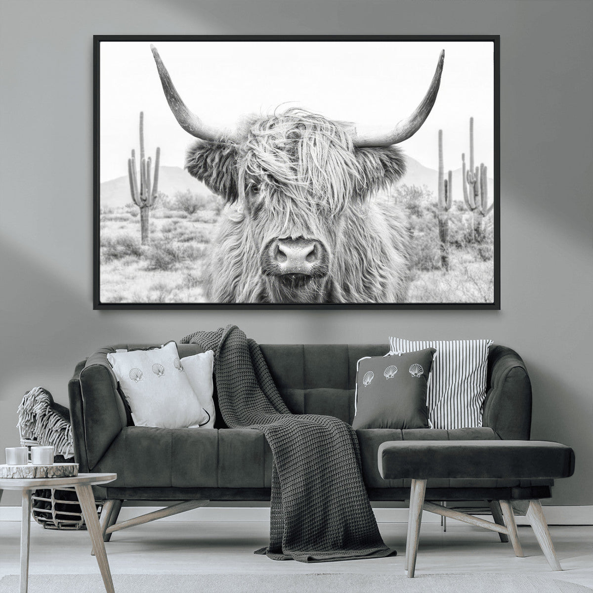 Rustic Charm, Cow Longhorn Black White Bighorn Wall Art