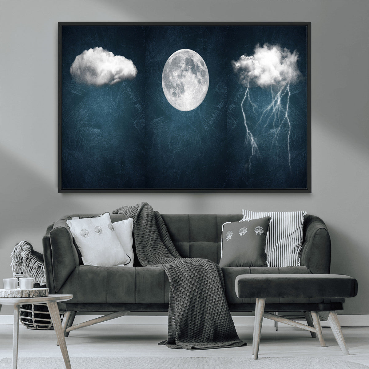 3 Piece Indigo Cloud Wall Art, Thunderstorm Moon Cloud Artwork
