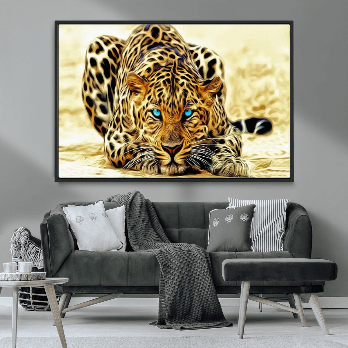 Blue-Eyed Leopard Canvas Wall Art, Framed Animal Print, Fierce and Bold Decor for Living Rooms