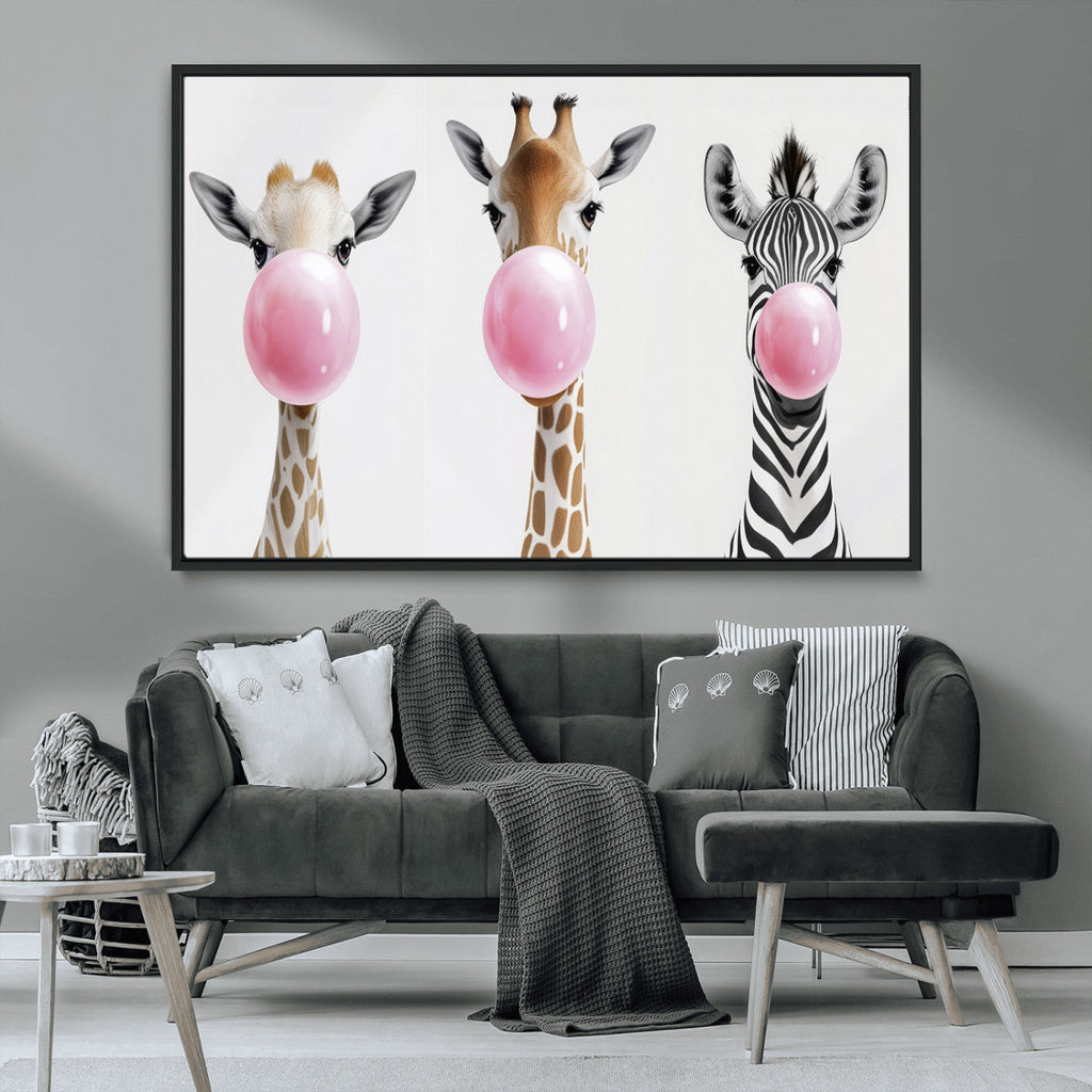 Bubblegum Animals Canvas Wall Art, Playful Giraffe and Zebra Trio, Whimsical Nursery and Kids Room Decor