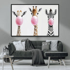 Bubblegum Animals Canvas Wall Art, Playful Giraffe and Zebra Trio, Whimsical Nursery and Kids Room Decor