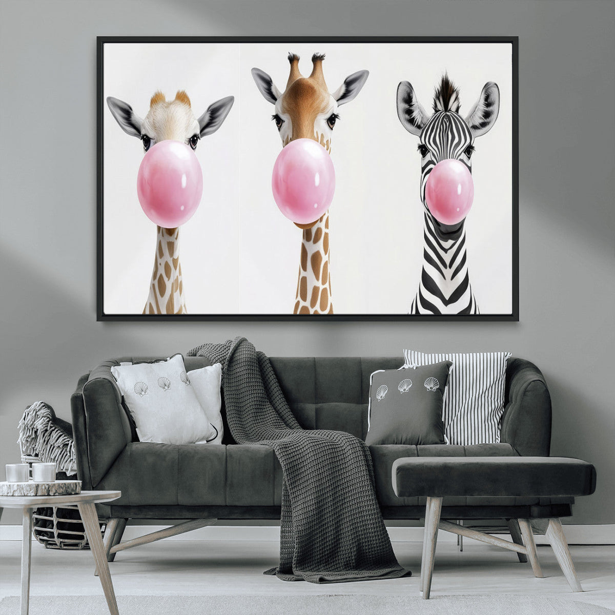 Bubblegum Animals Canvas Wall Art, Playful Giraffe and Zebra Trio, Whimsical Nursery and Kids Room Decor