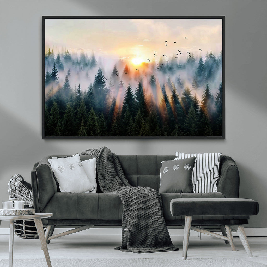Abstract Forest Wall Art, Serene Nature Canvas Print with Misty Forest Design for Modern Home Decor
