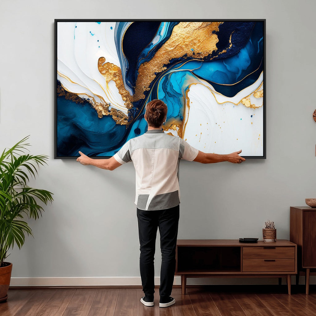 Gold Blue Abstract Canvas Print, Elegant Navy and Gold Marble Flow