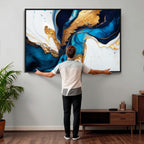 Gold Blue Abstract Canvas Print, Elegant Navy and Gold Marble Flow