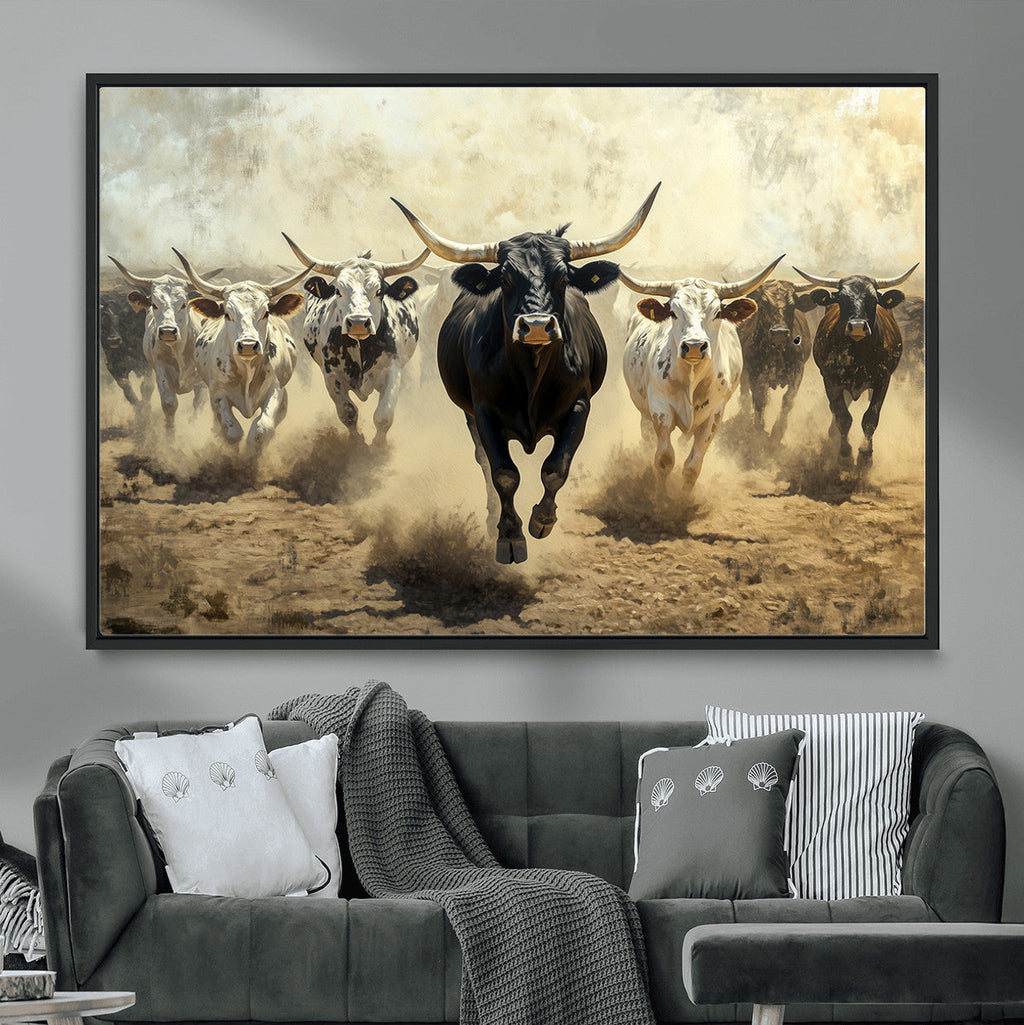 Texas Longhorn Wall Art | Framed Charging Cattle Canvas