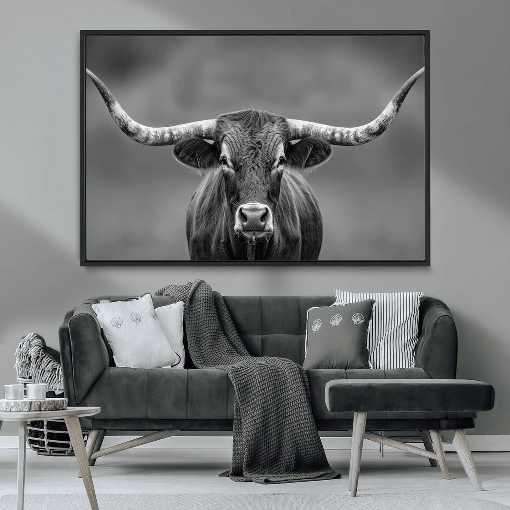 Texas Longhorn Wall Art Canvas Print, Framed Western Bull Photography, Rustic Log Cabin Decor