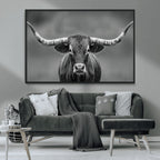 Texas Longhorn Wall Art Canvas Print, Framed Western Bull Photography, Rustic Log Cabin Decor