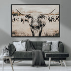 Texas Longhorn Wall Art Canvas Print | Framed Speckled Brown and White Bull