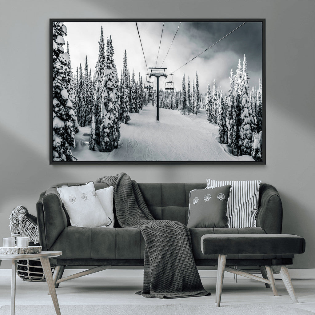 Snowy Pines Wall Art Canvas Print | Ski Lift in a Winter Forest