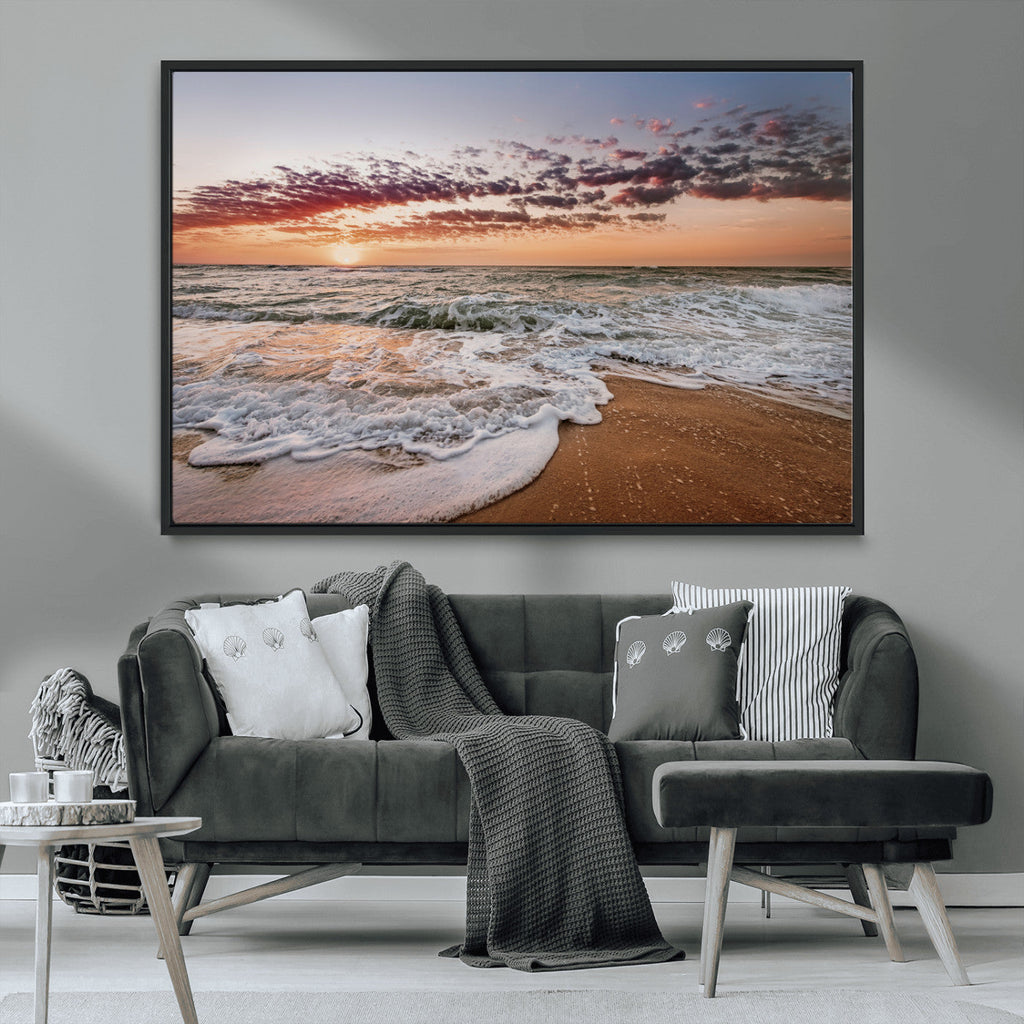 Ocean Sunset Wall Art Canvas Print | Sandy Shore and Gentle Waves