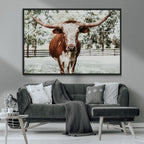 Texas Longhorn Wall Art Canvas Print | Framed Spotted Brown and White Bull