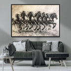 Running Horses Wall Art Canvas Print, Framed Monochrome Galloping Herd Sketch