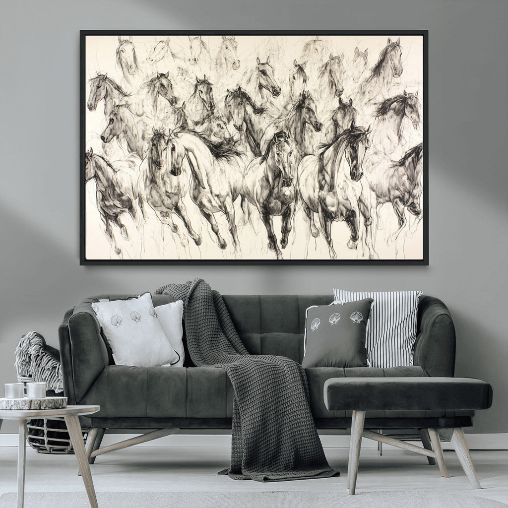 Abstract Horse Wall Art Canvas Print, Framed Horse Sketch with Galloping Herd