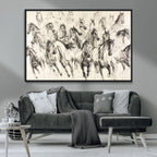 Abstract Horse Wall Art Canvas Print, Framed Horse Sketch with Galloping Herd