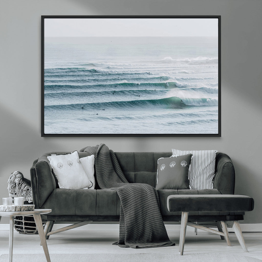 Ocean Waves Wall Art Canvas Print, Framed Surfer Lineup on a Crowded Ocean