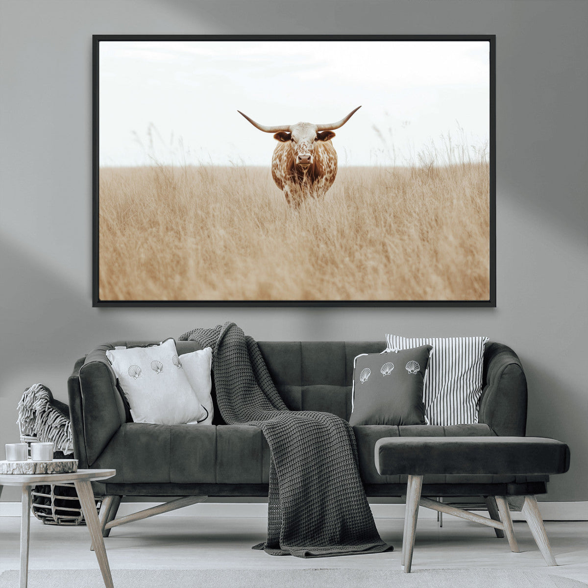Texas Longhorn Wall Art Canvas Print, Framed Lone Cattle and Longhorn Bull Scene