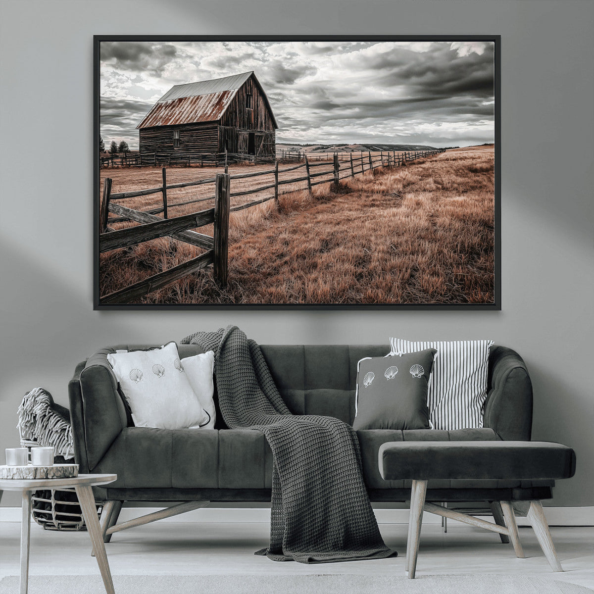 Rustic Barn Wall Art Canvas Print, Framed Moody Field Scene