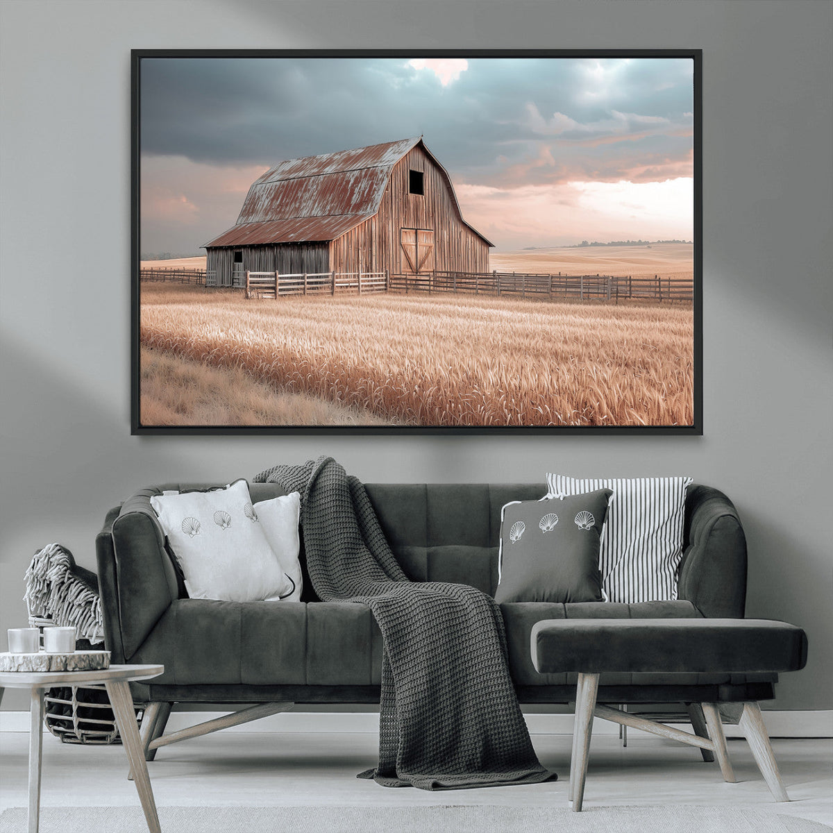 Rustic Barn Wall Art Canvas Print, Framed Wheat Field Scene