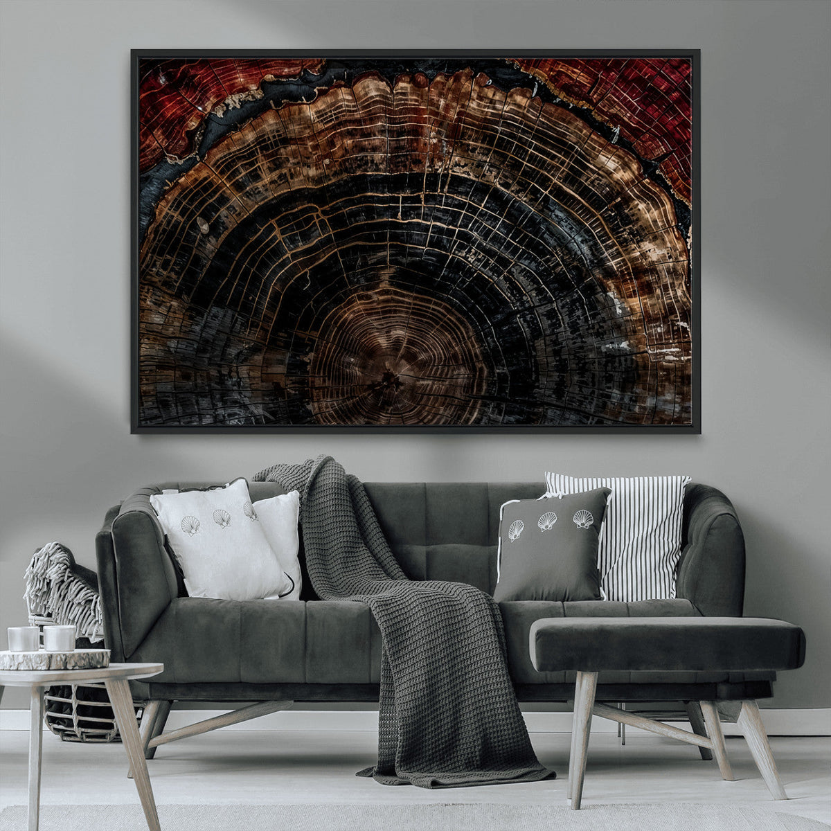 Dark Wood Ring Wall Art Canvas Print, Framed Abstract Tree Slice Print, Rustic Wood Grain Decor