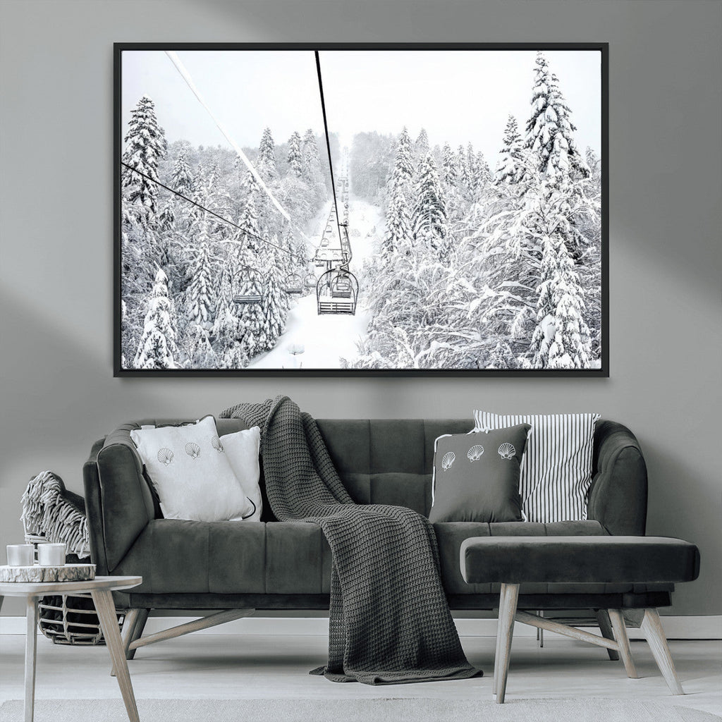 Snowy Ski Lift Wall Art | Framed Winter Mountain Canvas