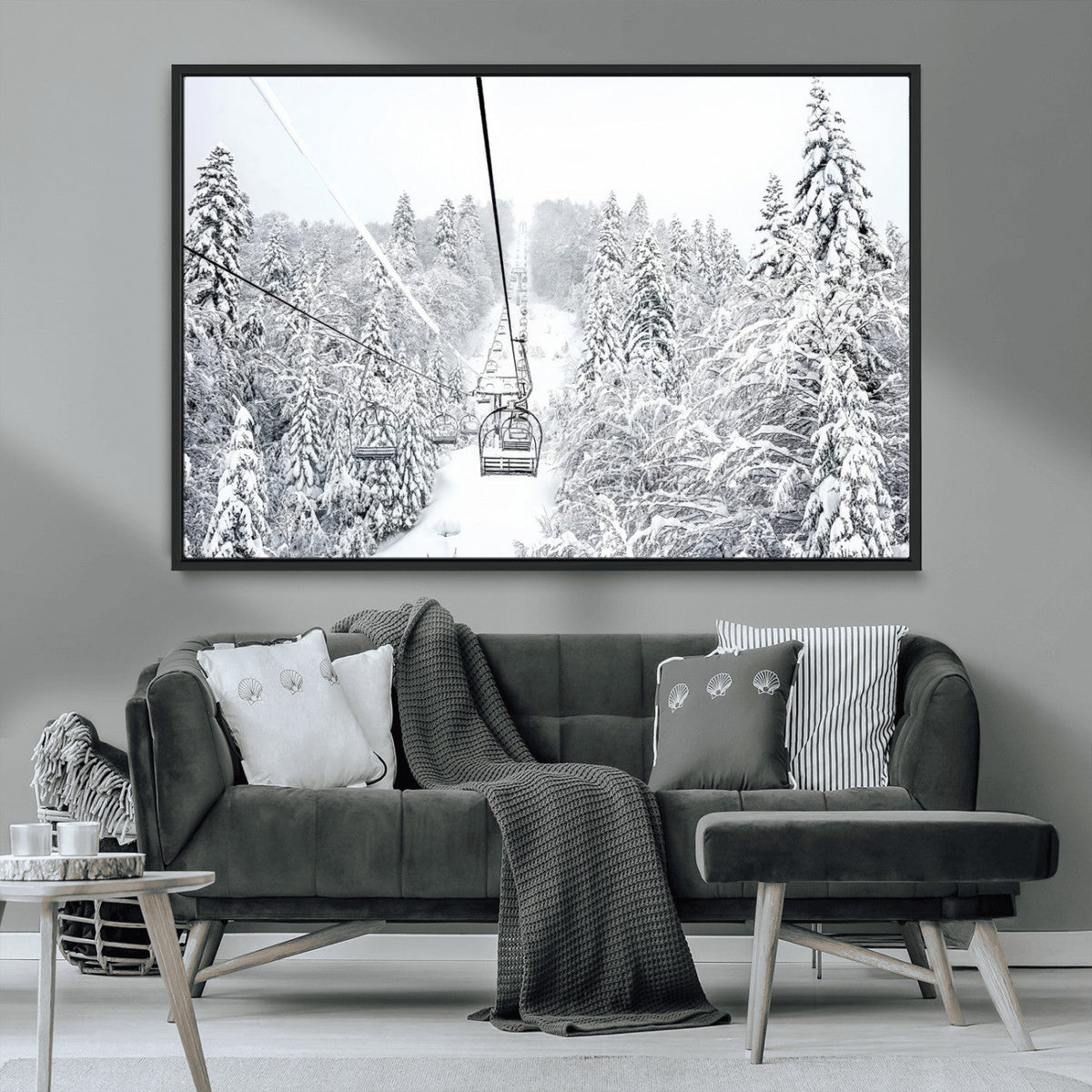 Snowy Ski Lift Wall Art | Framed Winter Mountain Canvas