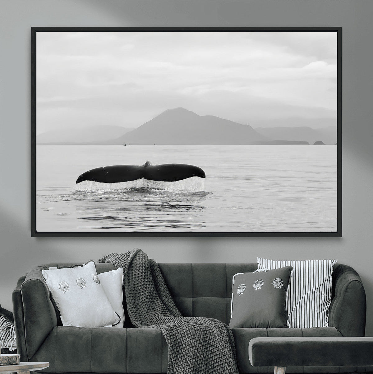 Whale Tail Wall Art | Framed Black White Ocean Canvas