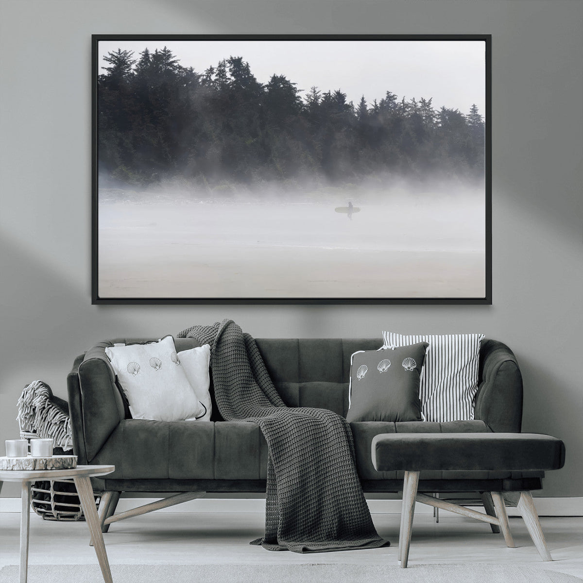 Surfer Fog Wall Art Canvas Print, Framed Foggy Beach and Coastal Surf Scene