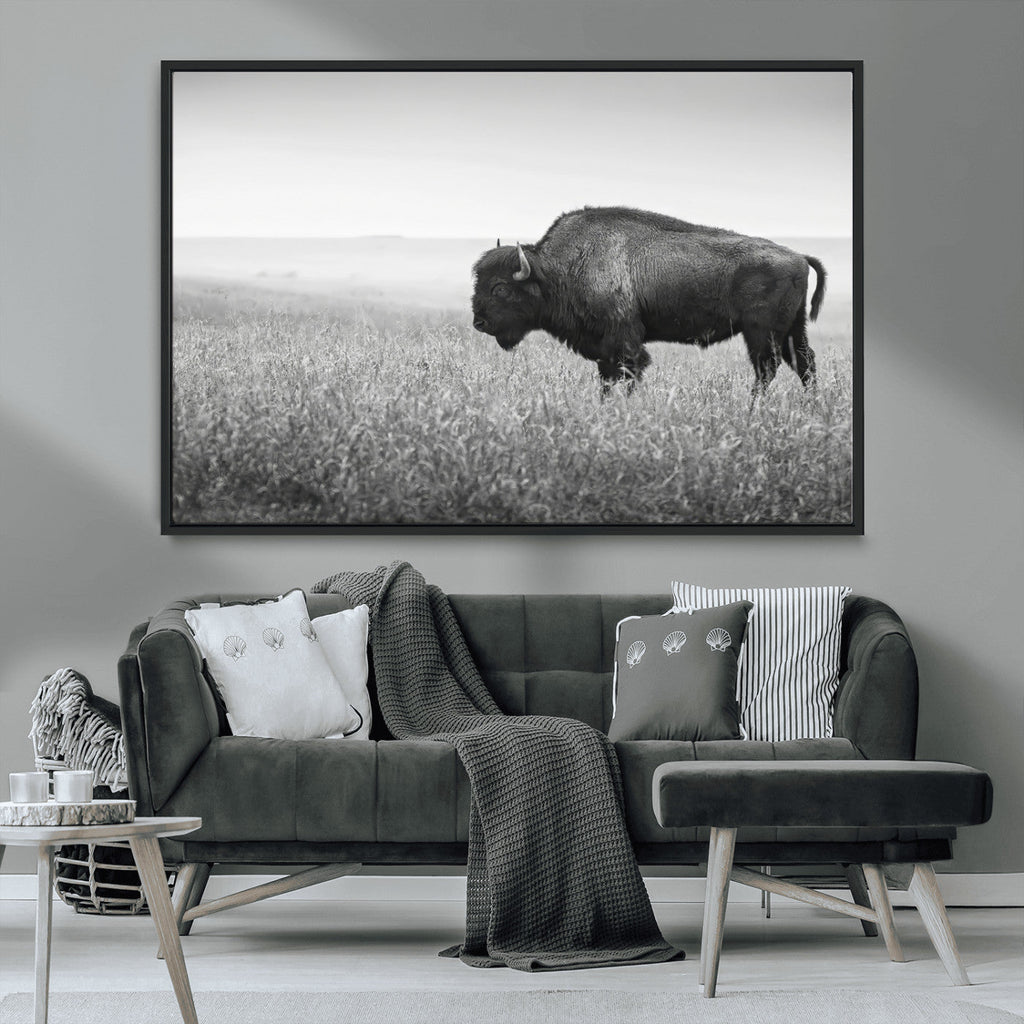 Bison Wall Art Canvas Print, Framed Rustic Wildlife Scene with Wild Buffalo