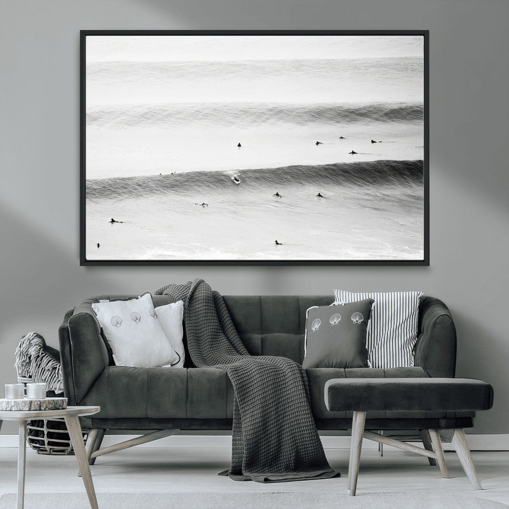 Black White Ocean Wall Art Canvas Print, Framed Coastal Sport and Ocean Swimmers Scene