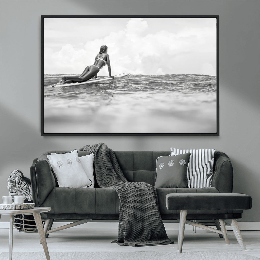 Black and White Surfing Wall Art Canvas Print, Framed Ocean Horizon Surfer Girl