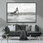 Black and White Surfing Wall Art Canvas Print, Framed Ocean Horizon Surfer Girl