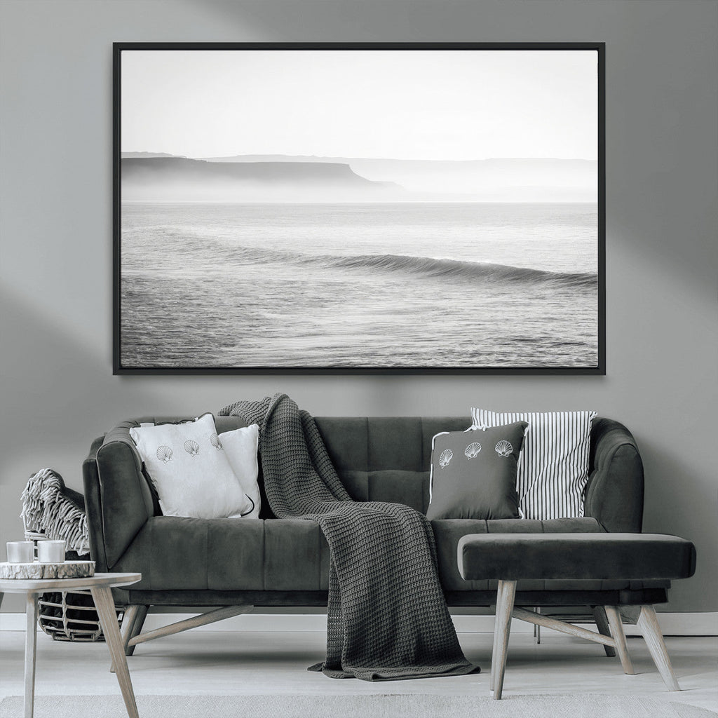 Black and White Seascape Wall Art Canvas Print, Framed Misty Ocean Waves