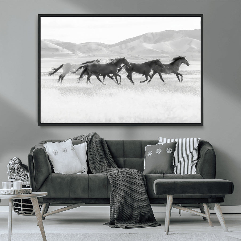 Wild Horses Running Wall Art Canvas Print, Framed Black White Mustangs Artwork