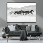 Wild Horses Running Wall Art Canvas Print, Framed Black White Mustangs Artwork