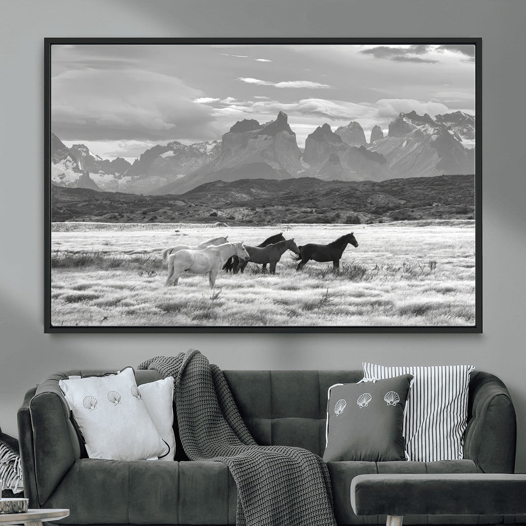 Wild Horses Wall Art | Framed Black White Mountain Canvas