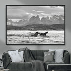 Wild Horses Wall Art | Framed Black White Mountain Canvas