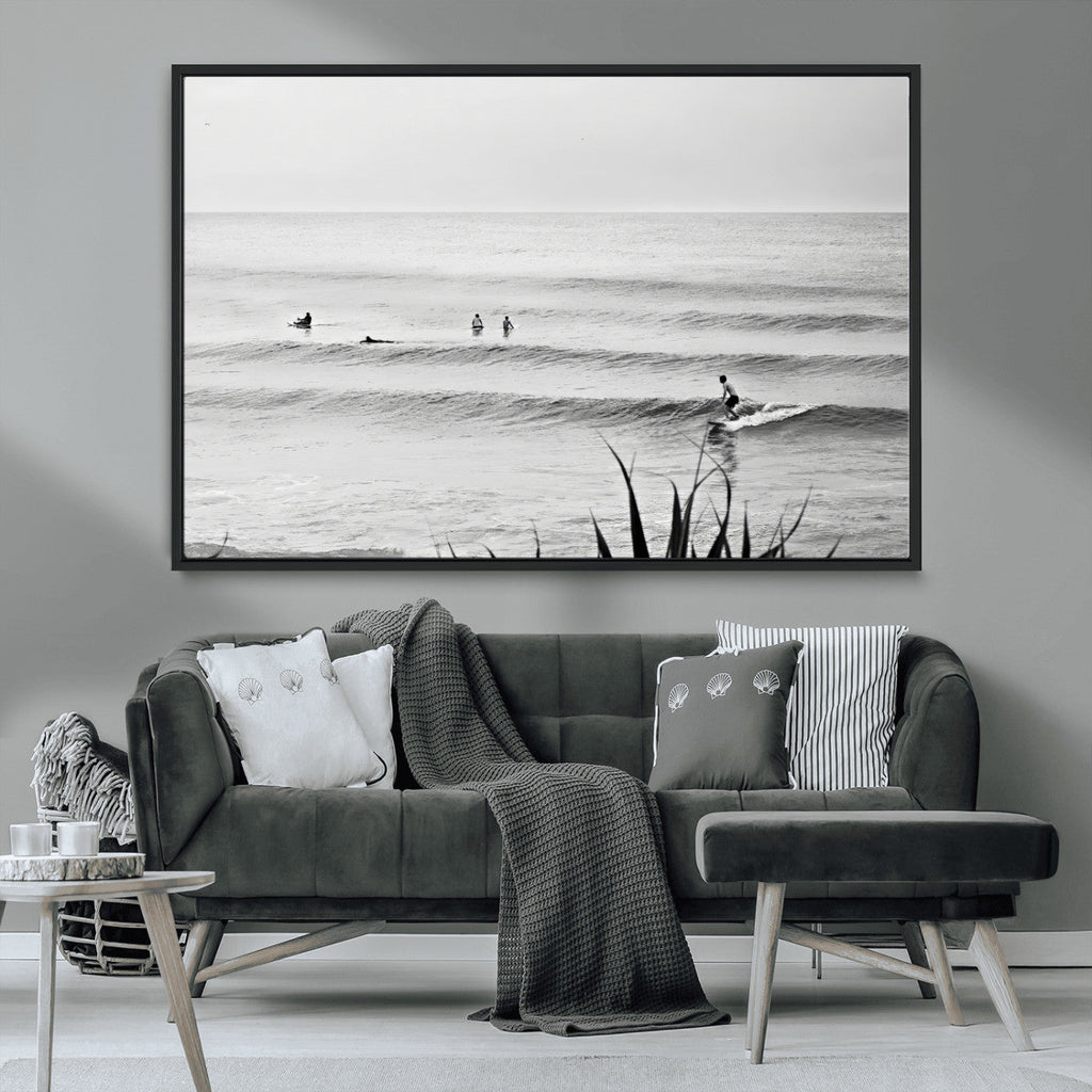 Surfer Silhouette Wall Art Canvas Print, Framed Calm Ocean Monochrome Surf
