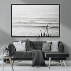 Surfer Silhouette Wall Art Canvas Print, Framed Calm Ocean Monochrome Surf