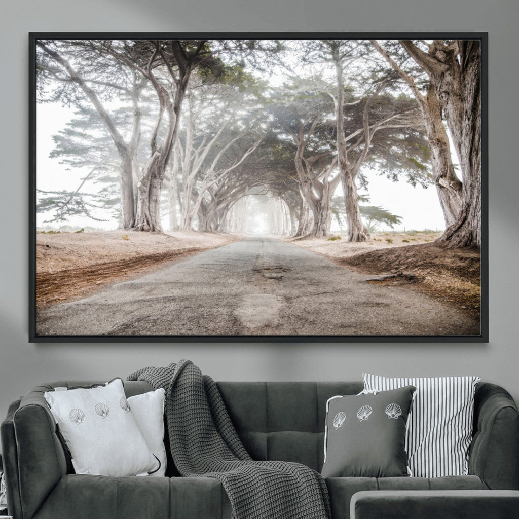 Cypress Tunnel Wall Art | Framed Misty Road Canvas Artwork
