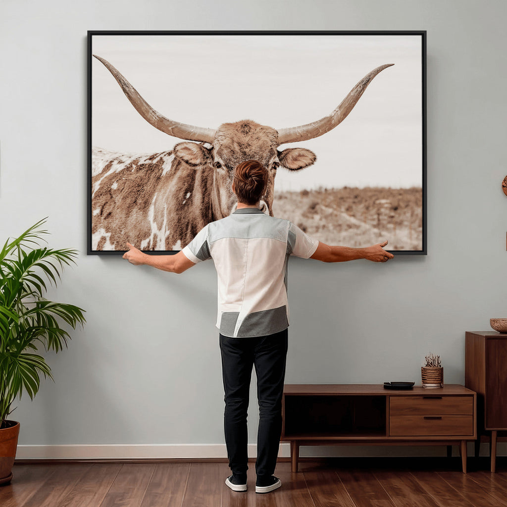 Longhorn Cow Wall Art Canvas Print, Framed Texas Ranch Print, Western Bull Art, Cowboy Decor